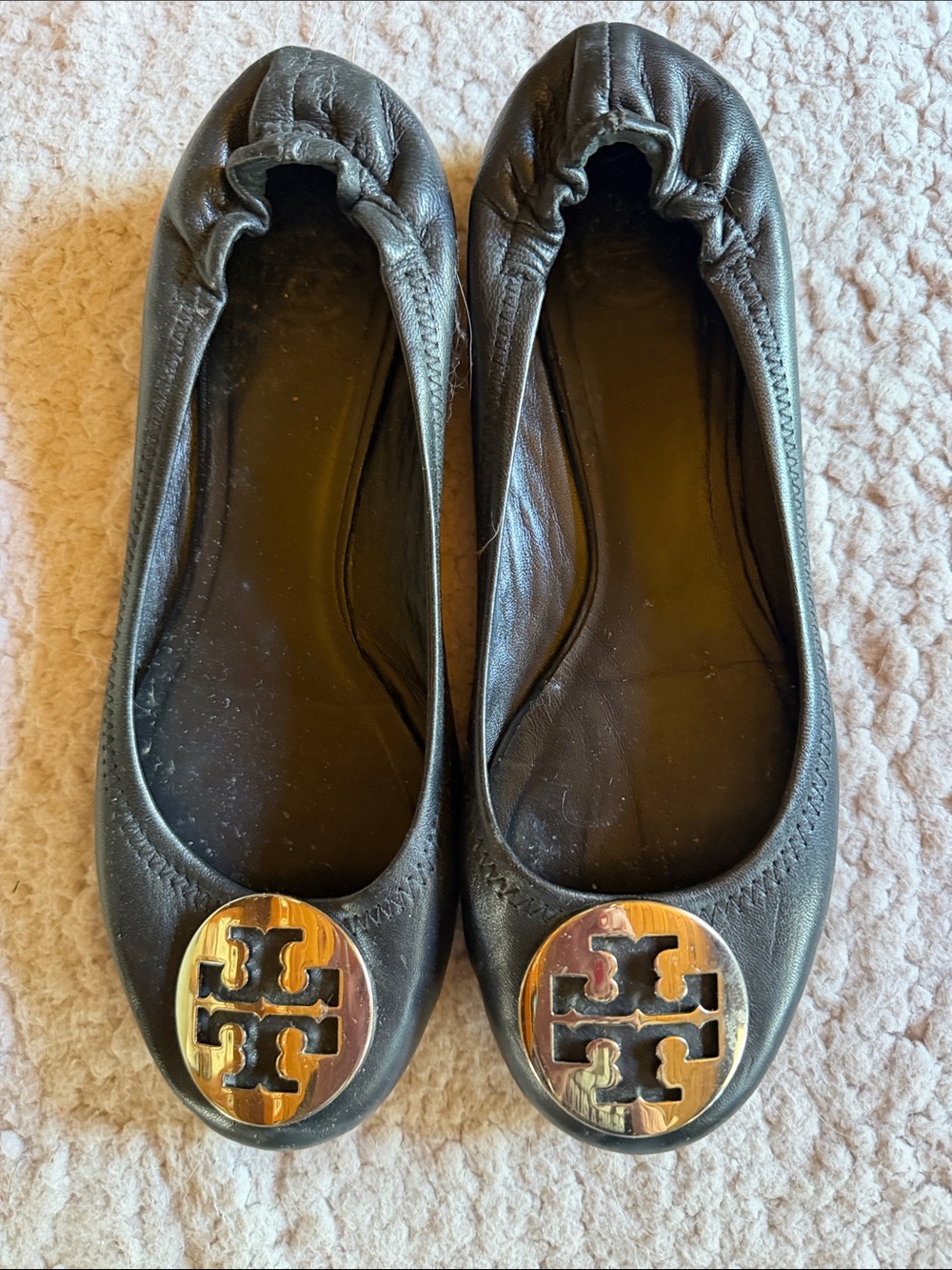 Tory Burch Black Leather Logo Medallion Ballet Flats